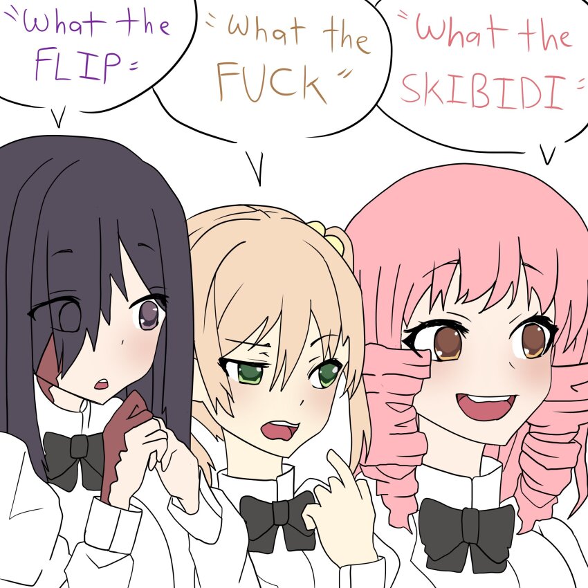 3girls, black_bow, black_bowtie, black_hair, blonde_hair, blouse, blush, bow, bowtie, burn_scar, bxsql_wtf_trio_(meme), commentary, drill_hair, english_commentary, english_text, green_eyes, hair_bobbles, hair_ornament, hair_over_one_eye, highres, ibarazaki_emi, ikezawa_hanako, katawa_shoujo, long_hair, mikado_shiina, multiple_girls, nerunemuteto, open_mouth, pink_hair, profanity, purple_eyes, quad_drills, scar, school_uniform, shirt, smile, speech_bubble, twintails, white_shirt, yamaku_high_school_uniform