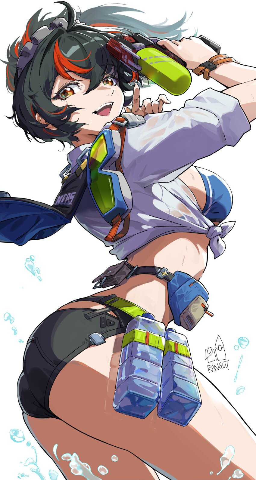 1girl, absurdres, ass, black_hair, black_shorts, breasts, cowboy_shot, from_behind