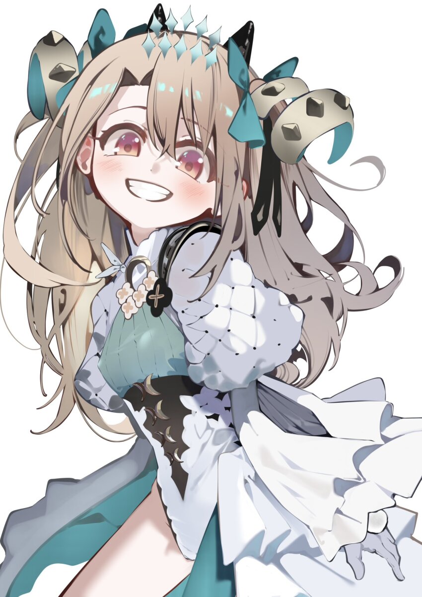 1girl, blonde_hair, blush, bow, breasts, cosplay, curled_horns, elbow_gloves