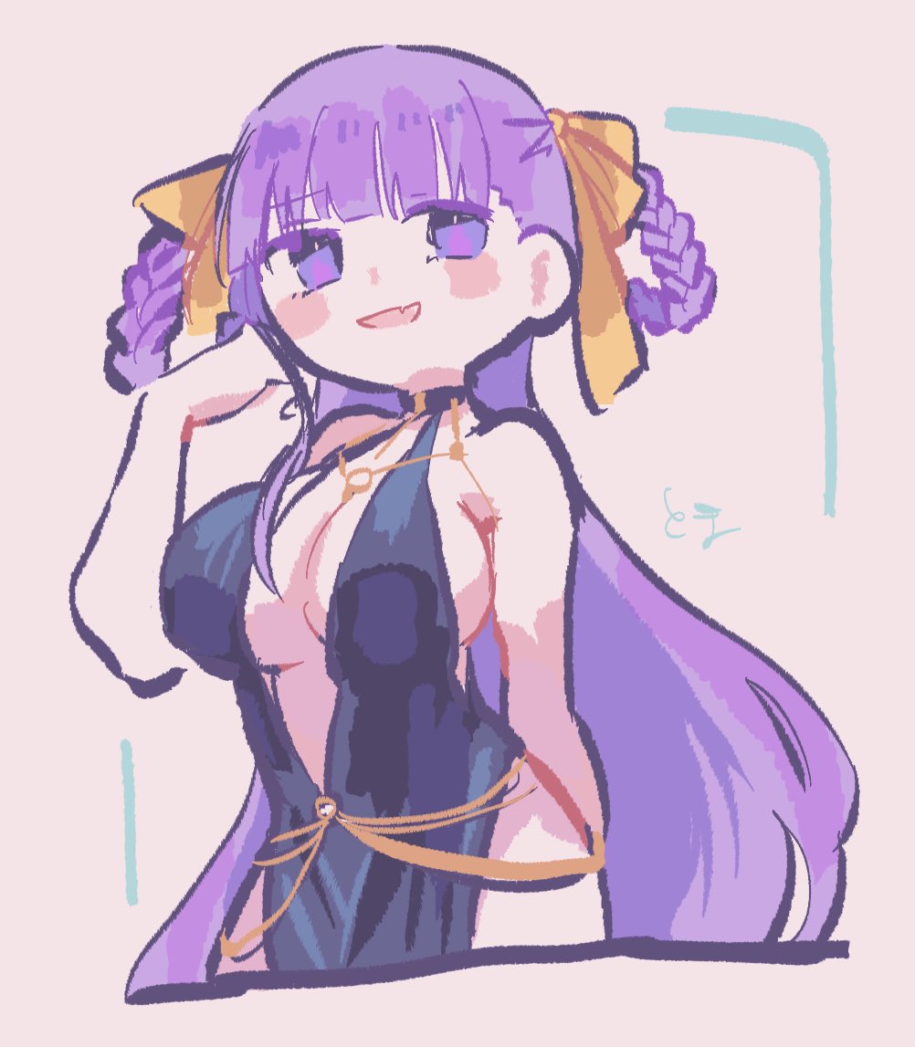 1girl, bb_(fate), bb_dubai_(fate), black_dress, blush_stickers, breasts, dress, fate/grand_order, fate_(series), hair_ribbon, hair_rings, large_breasts, long_hair, nanakamadomugi, official_alternate_costume, purple_eyes, purple_hair, ribbon, sideboob, solo, very_long_hair, yellow_ribbon