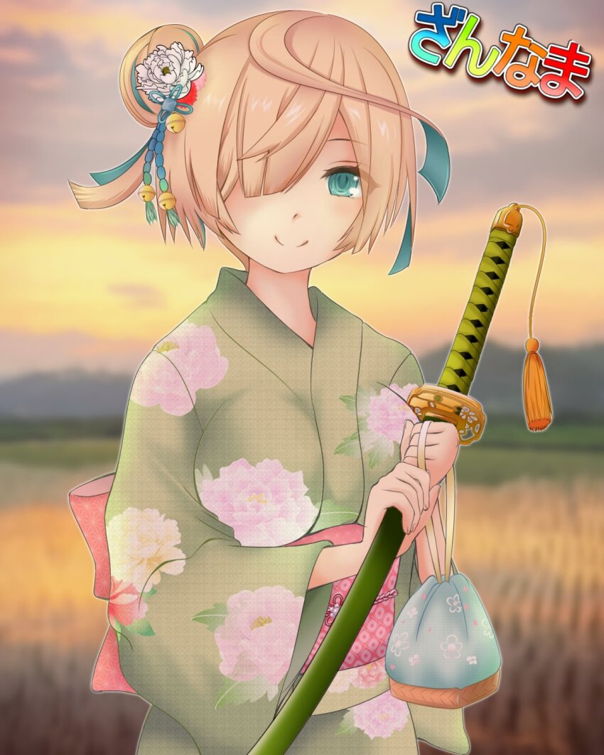 1girl, aqua_eyes, aqua_hair, blonde_hair, blurry, blurry_background, closed_mouth, commentary_request