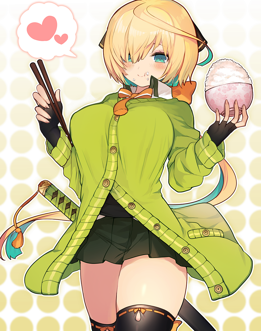 1girl, aqua_eyes, aqua_hair, black_thighhighs, blonde_hair, bow, bowl, bowtie