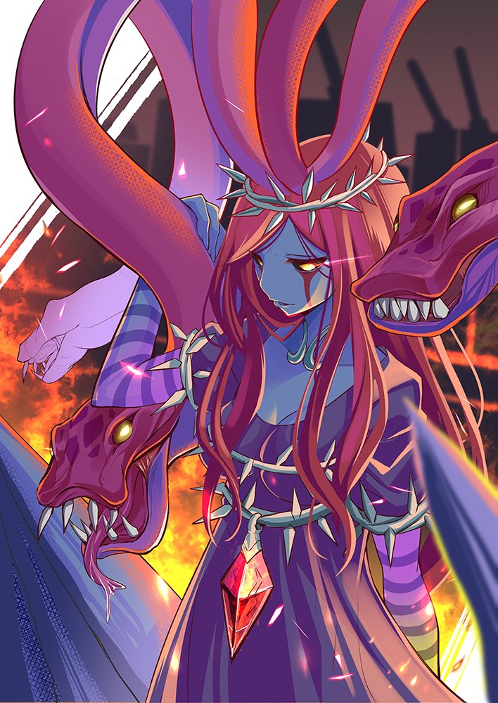 1girl, animal, blue_skin, colored_skin, dress, eye_trail, fangs, fiery_background