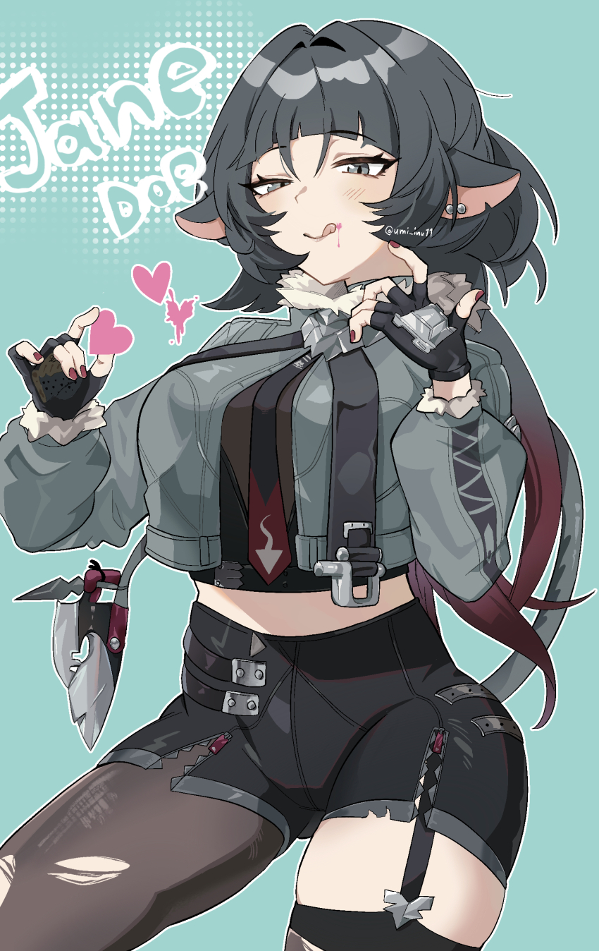 1girl, absurdres, animal_ears, black_gloves, black_hair, black_pantyhose, black_shorts, black_tank_top