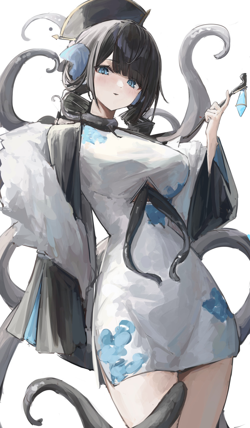 1girl, absurdres, black_collar, black_hair, blue_eyes, blunt_bangs, blush, breasts