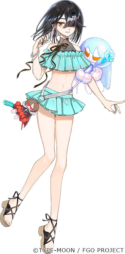 1girl, aqua_bikini, aqua_skirt, bare_shoulders, bikini, black_hair, breasts, brown_eyes