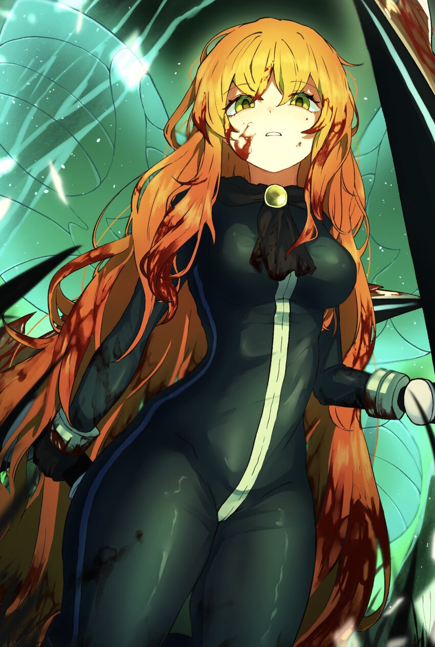 1girl, absurdres, ascot, black_ascot, bladed_tonfa, blood, blood_in_hair, blood_on_face