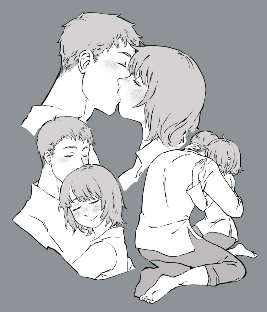 1boy, 1girl, barefoot, blush, closed_eyes, closed_mouth, commentary, dungeon_meshi