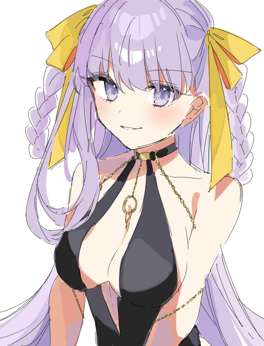 1girl, bb_(fate), bb_dubai_(fate), black_dress, breasts, cleavage, commentary_request, dress, fate/grand_order, fate_(series), hair_ribbon, hair_rings, highres, large_breasts, long_hair, looking_at_viewer, ooo00_cha, purple_eyes, purple_hair, ribbon, sideboob, smile, solo, yellow_ribbon