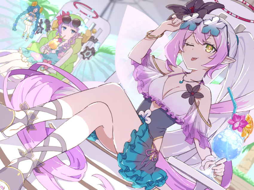 3girls, :p, alternate_costume, ameth_(princess_connect!), ameth_(summer)_(princess_connect!), bangle, beach_umbrella, bikini