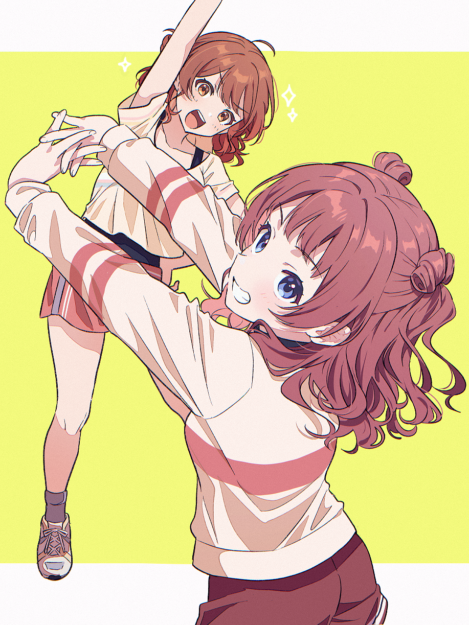 2girls, ahoge, blush, brown_hair, collarbone, commentary, double_bun, gakuen_idolmaster