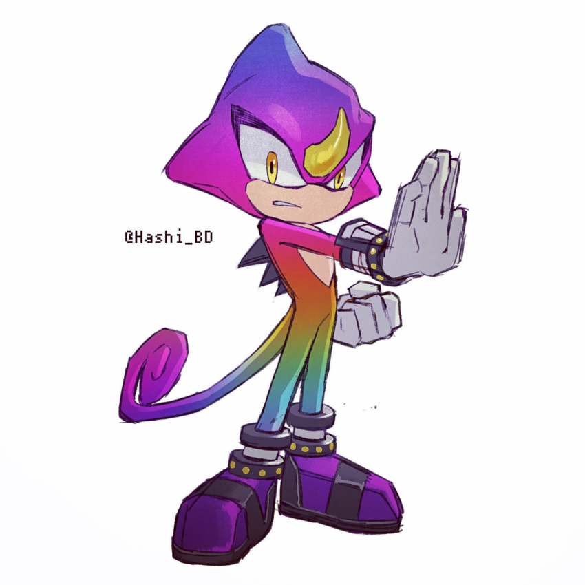 1boy, alternate_color, clenched_hand, commentary_request, espio_the_chameleon, full_body, furry, furry_male