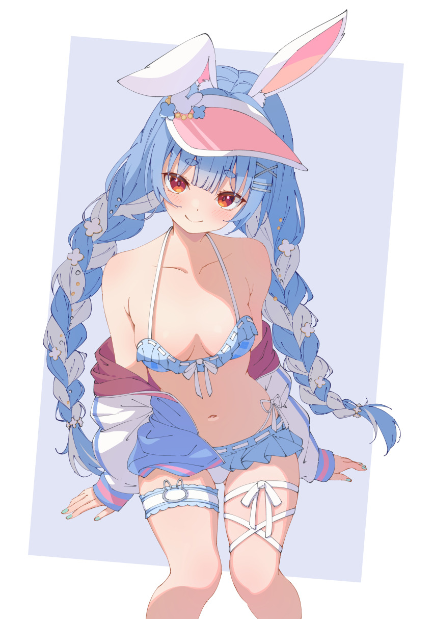 1girl, absurdres, animal_ears, armpit_crease, bare_shoulders, bikini, bikini_skirt, blue_bikini