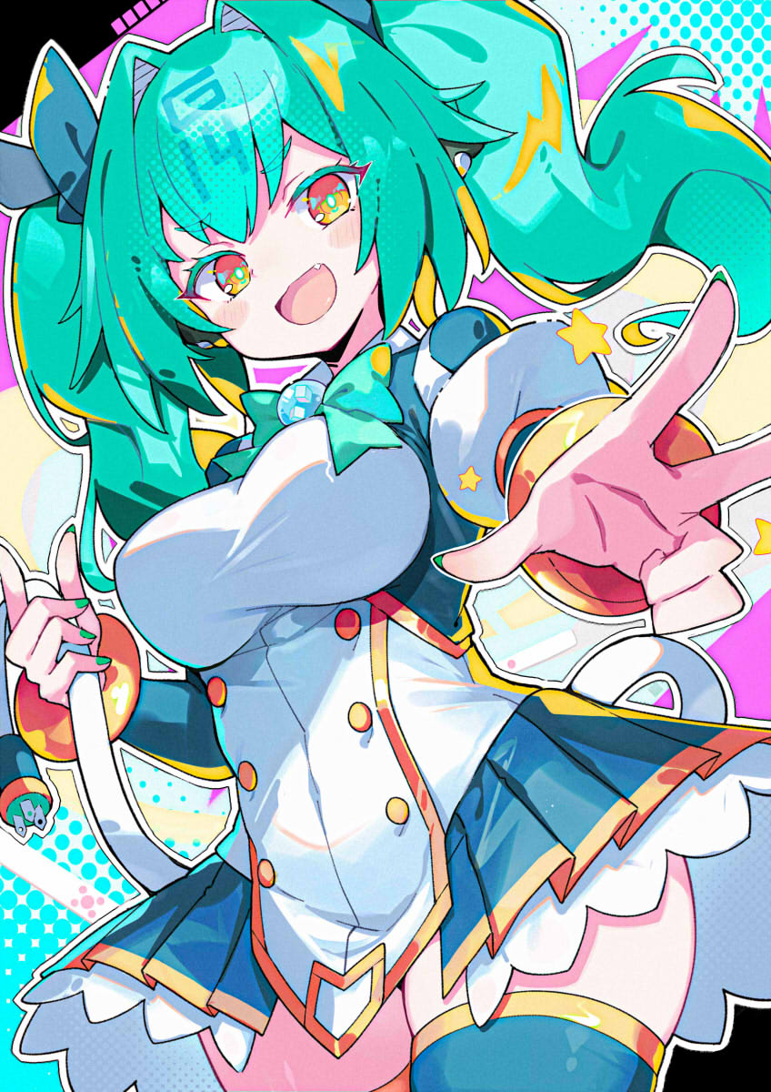 1girl, blush_stickers, bow, bowtie, breasts, dress, fake_tail, fang