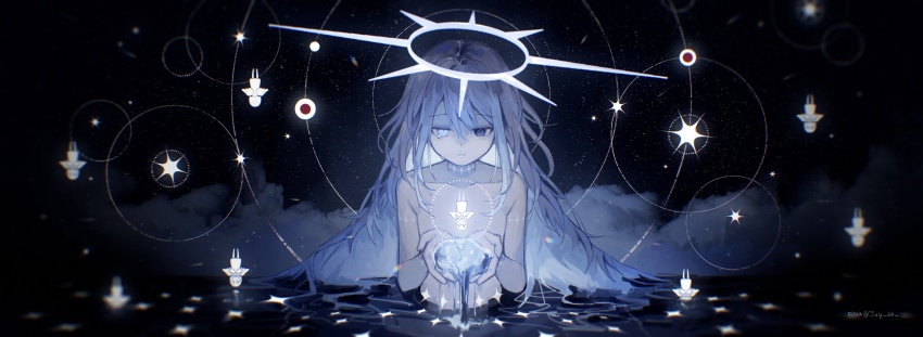 6+others, androgynous, black_eyes, blue_eyes, blue_hair, cupping_hands, dripping_eye, glowing