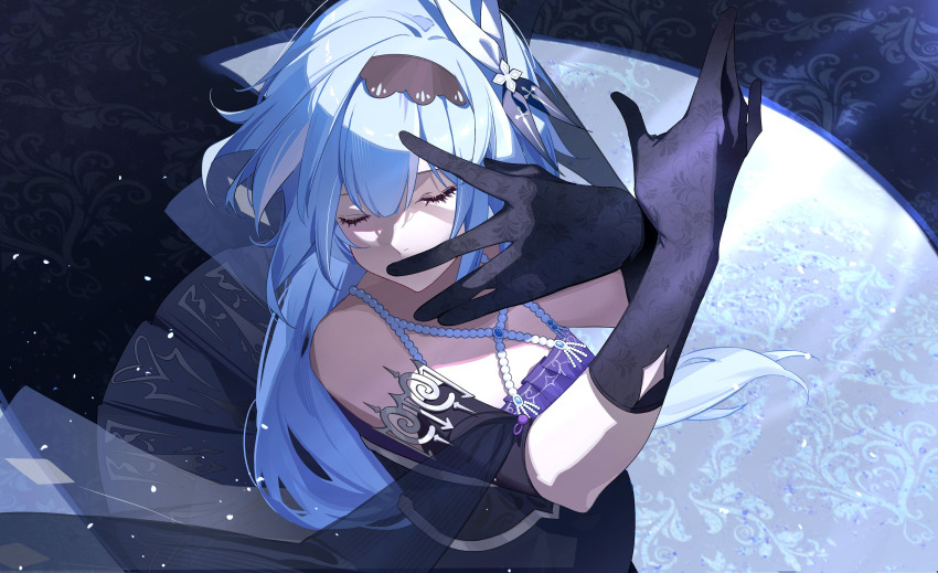 1girl, absurdres, alternate_costume, alternate_hairstyle, arms_up, black_dress, black_gloves, black_hairband