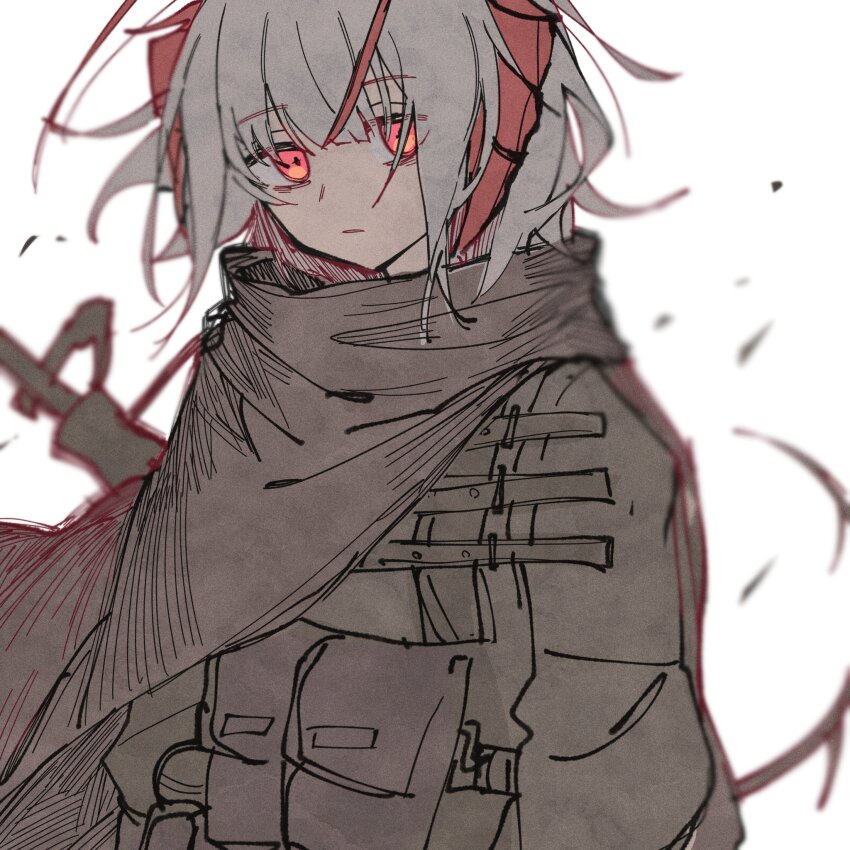 1girl, antenna_hair, arknights, black_scarf, blank_eyes, blurry, bulletproof_vest, closed_mouth, coffee_toranpu, demon_horns, depressed, grey_hair, hair_between_eyes, highres, horns, jacket, long_sleeves, looking_at_viewer, red_eyes, scarf, short_hair, simple_background, solo, upper_body, w_(arknights), w_(mercenary)_(arknights), white_background