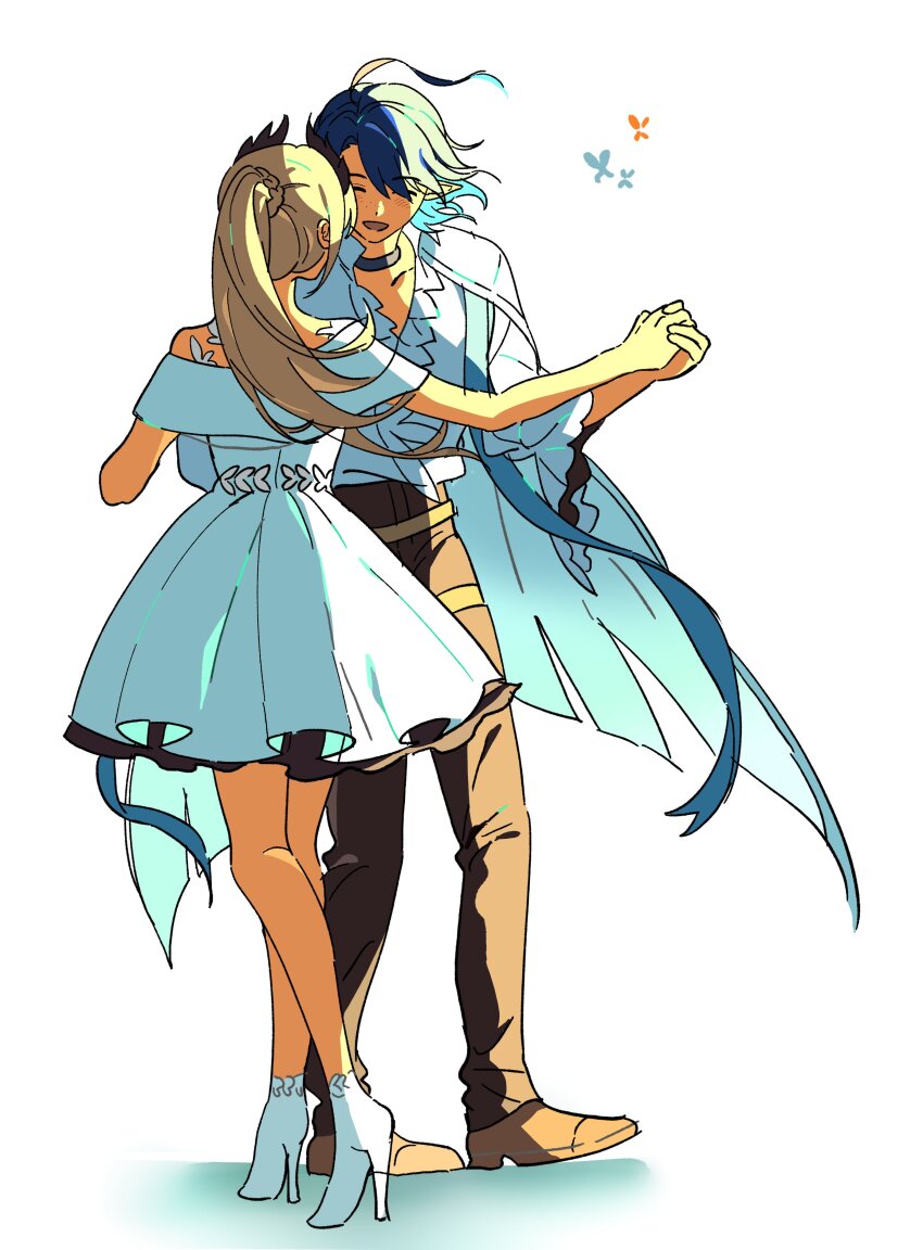 1boy, 1girl, absurdres, aehobakjeon, arknights, boots, brown_pants, closed_eyes