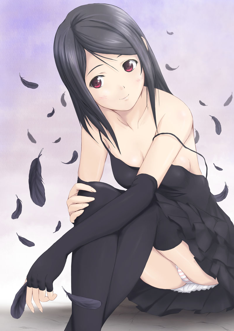 00s, 1girl, bare_shoulders, black_hair, collarbone, dress, elbow_gloves, eviryun, feathers, female_focus, fingerless_gloves, gloves, karasu_(noein), noein, panties, red_eyes, solo, strap_slip, striped_clothes, striped_panties, thighhighs, underwear
