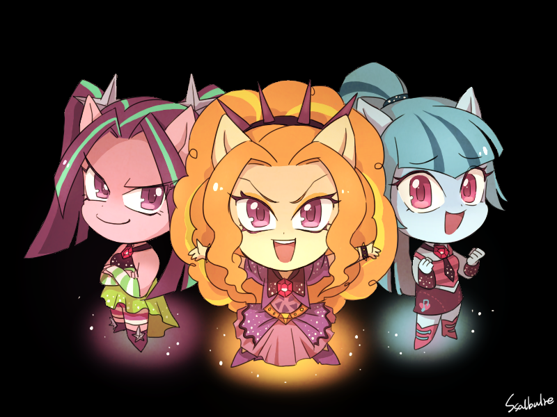 3girls, adagio_dazzle, adagio_dazzle_(human), animal_ears, aria_blaze, aria_blaze_(human), black_background, chibi