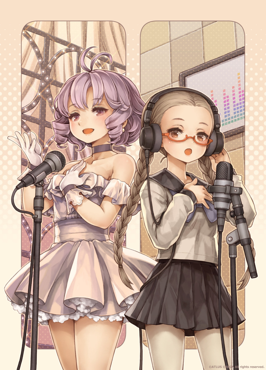 2girls, ahoge, bare_shoulders, black_sailor_collar, black_skirt, blonde_hair, blue_neckerchief, bow