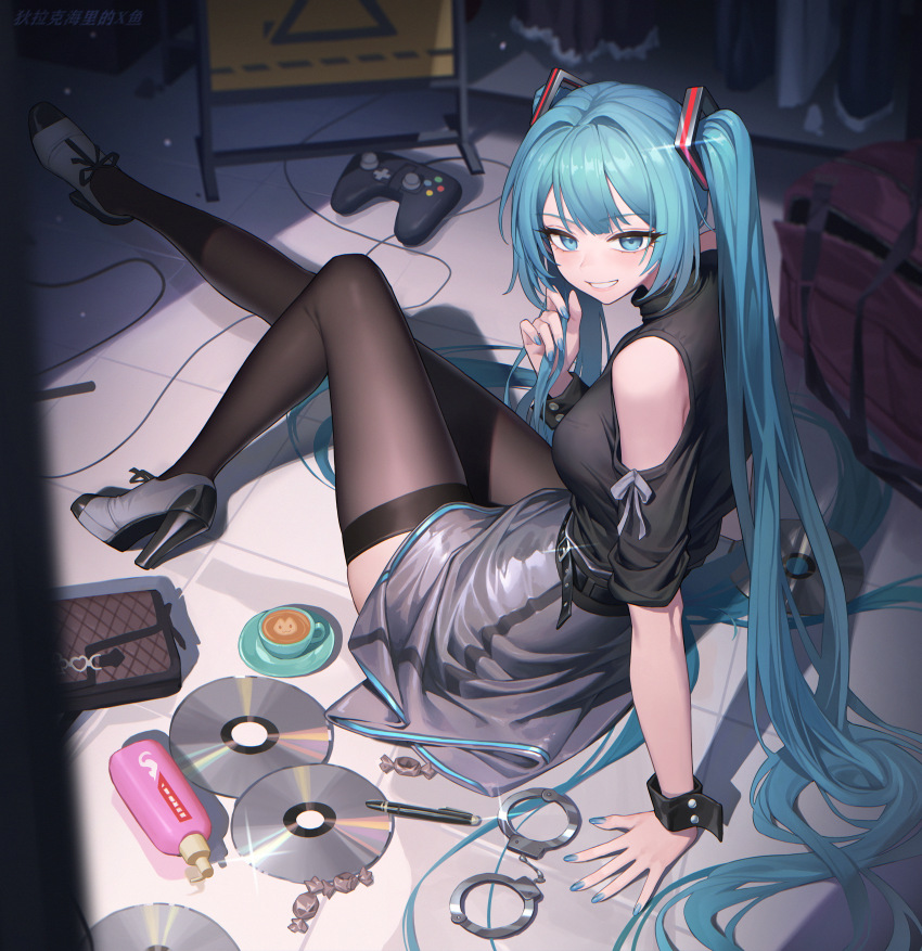 1girl, absurdres, aqua_eyes, aqua_hair, aqua_nails, arm_support, bag, black_shirt, black_thighhighs, black_wrist_cuffs, blush, cable, candy, cd, clothing_cutout, coffee, controller, cross-laced_footwear, cuffs, cup, food, game_controller, grey_skirt, grin, hair_spread_out, handbag, hatsune_miku, high_heels, highres, holding, holding_own_hair, lace-up_shoes, latte_art, long_hair, looking_at_viewer, looking_back, nail_polish, oxford_heels, pen, saucer, shirt, shoulder_cutout, sitting, skirt, smile, solo, teacup, thighhighs, tile_floor, tiles, twintails, very_long_hair, vocaloid, wrapped_candy, wrist_cuffs, xzu, zettai_ryouiki