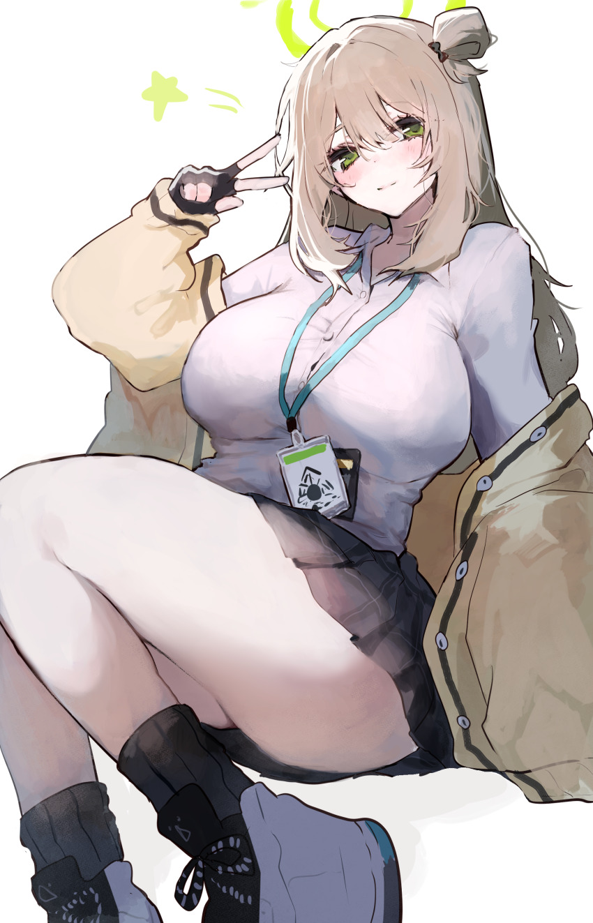 1girl, absurdres, bare_legs, black_credit_card, black_gloves, black_skirt, black_socks, blue_archive, blush, breasts, cardigan, cardigan_partially_removed, credit_card, curvy, fingerless_gloves, gloves, green_eyes, hair_between_eyes, hair_bun, halo, highres, huge_breasts, inusaka, invisible_chair, lanyard, large_breasts, light_brown_hair, light_smile, looking_at_viewer, miniskirt, nonomi_(blue_archive), pleated_skirt, school_uniform, shirt, simple_background, single_side_bun, sitting, skirt, socks, solo, star_(symbol), thick_thighs, thighs, w, white_background, white_shirt, yellow_cardigan