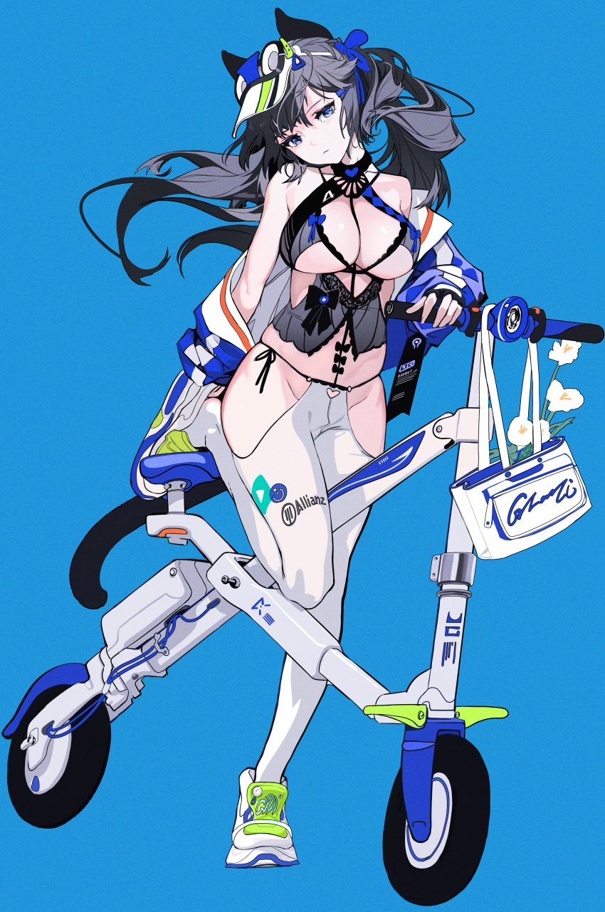 1girl, absurdres, allianz, bicycle, black_hair, blue_background, blue_eyes, breasts, cleavage, closed_mouth, clothing_cutout, commentary, flower, folding_bicycle, full_body, grandia_lee, groin, head_tilt, highres, jacket, large_breasts, looking_at_viewer, off_shoulder, open_clothes, open_jacket, original, pantyhose, revealing_clothes, shoes, simple_background, sneakers, solo, untranslatable_commentary, thigh_cutout, visor_cap, white_flower, white_pantyhose