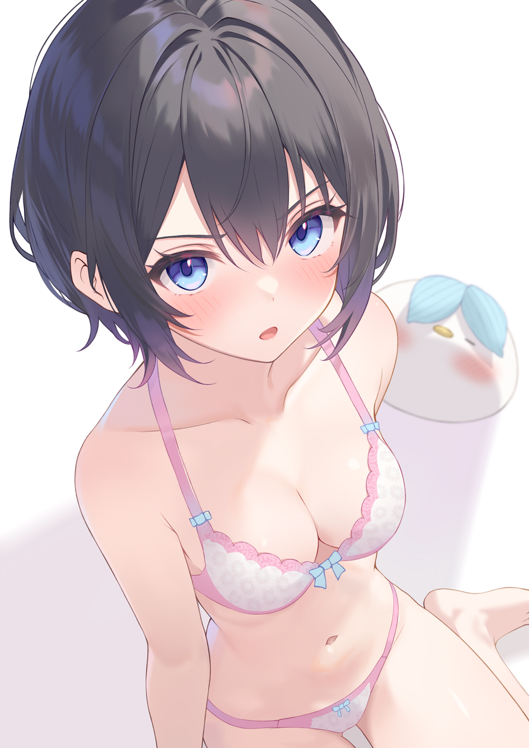 1girl, :o, arisugawa_riu, bare_shoulders, black_hair, blue_eyes, bra, breasts