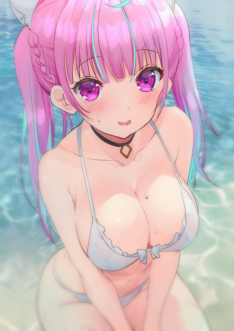 1girl, animal_ears, aqua_hair, bare_shoulders, bikini, black_choker, blush, bow