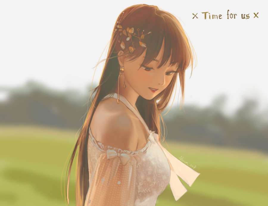 1girl, adirosa, album_name, bare_shoulders, brown_hair, commentary, dress, earrings