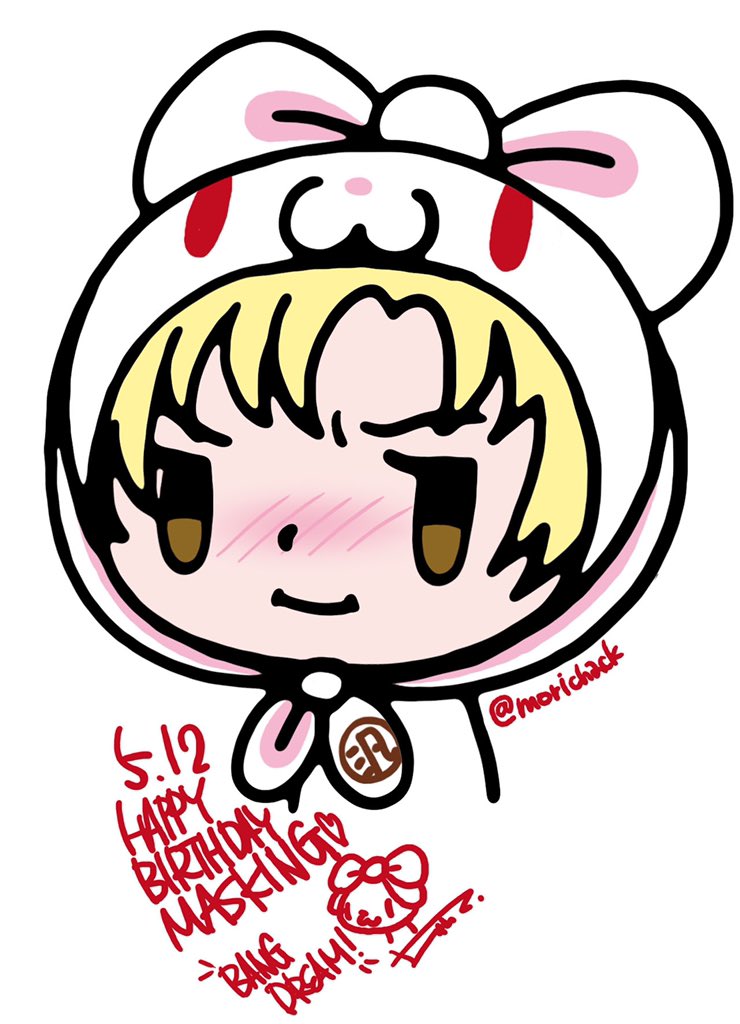 1girl, all-purpose_bunny, all-purpose_bunny_(cosplay), animal_costume, animal_ears, animal_hat, bang_dream!, bang_dream!_girls_band_party!, birthday, blonde_hair, blush, brown_eyes, closed_mouth, commentary_request, cosplay, english_text, fake_animal_ears, happy_birthday, hat, itazuraguma_no_gloomy, mori_chack, rabbit_costume, rabbit_ears, rabbit_hat, sato_masuki, short_hair, signature, upper_body, white_background