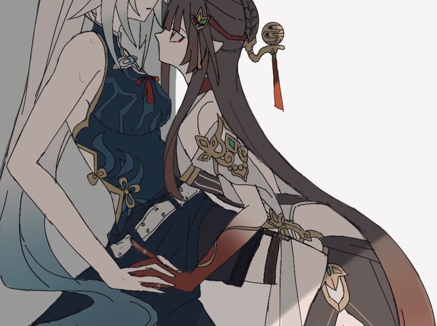 2girls, belt, black_skirt, blue_shirt, brown_hair, brown_skirt, face-to-face, feixiao_(honkai:_star_rail), hair_ornament, holding_hands, honkai:_star_rail, honkai_(series), leaning_forward, lingsha_(honkai:_star_rail), looking_at_another, multicolored_hair, multiple_girls, niupum, profile, red_eyes, red_ribbon, ribbon, shirt, simple_background, sitting, skirt, sweat, white_belt, white_hair, yuri