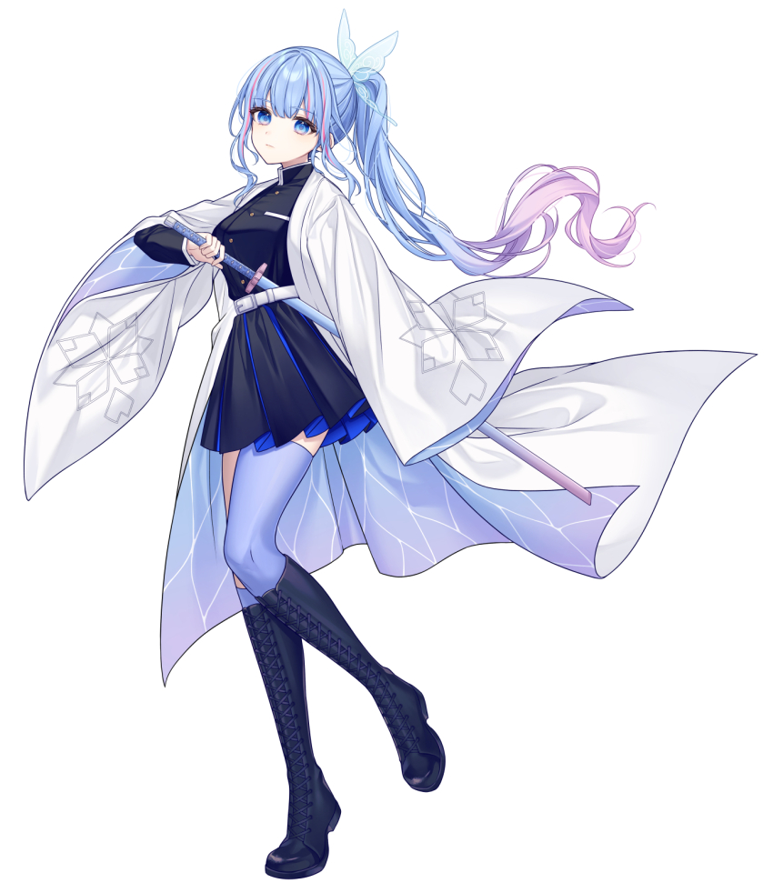 1girl, aoi_sakura_(japanese_vtuber), belt, belt_buckle, black_boots, black_jacket, black_skirt, blue_eyes