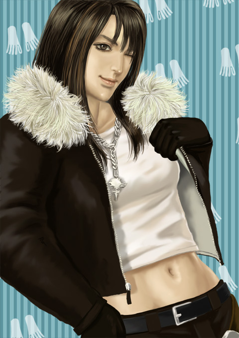 1girl, belt, black_gloves, black_hair, black_jacket, brown_eyes, brown_hair, cosplay, crossdressing, crossdressing_(ftm), female_focus, final_fantasy, final_fantasy_viii, fur_collar, gloves, griever, jacket, jewelry, long_hair, midriff, multicolored_hair, necklace, one_eye_closed, rinoa_heartilly, shirt, solo, squall_leonhart, squall_leonhart_(cosplay), square_enix, streaked_hair, striped, tera_(no_reason), white_shirt, wink