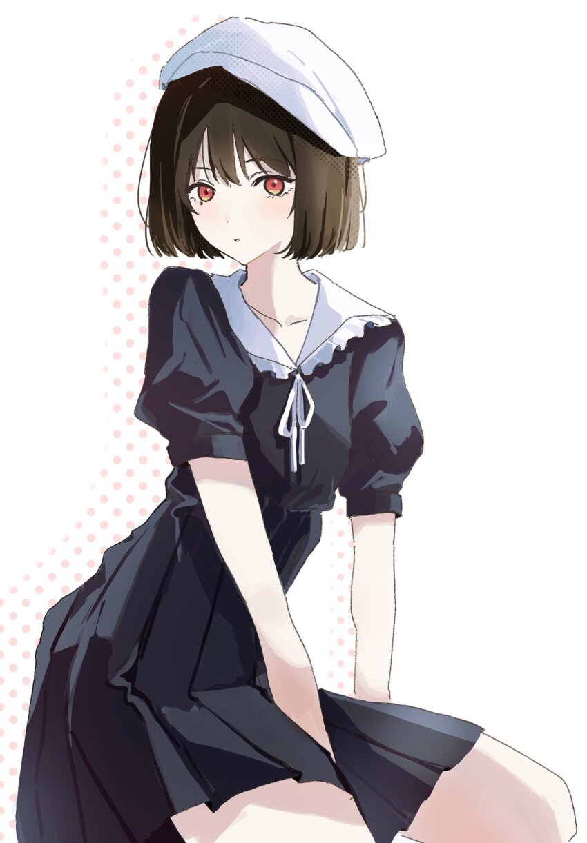 :o, beret, black_dress, black_hair, collar, collarbone, dress, frilled_collar