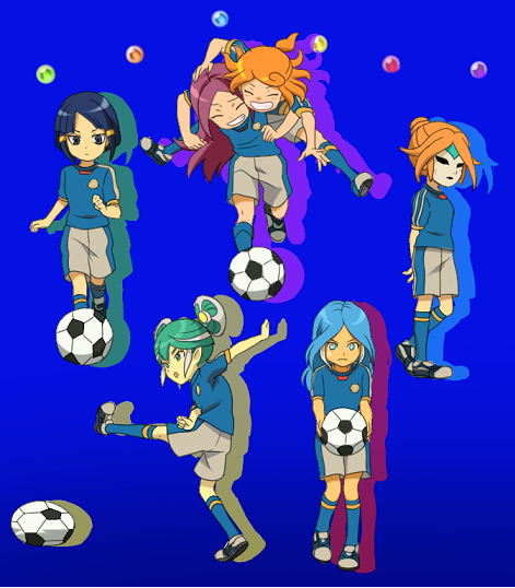 6+girls, ball, female_focus, full_body, gradient_background, hasuike_an, inazuma_eleven, inazuma_eleven_(series), kurakake_clara, kurione_yuki, multiple_girls, rezigigasunoyume, soccer_ball, soccer_uniform, sportswear, standing, sumeragi_maki, touchi_ai, yagami_reina