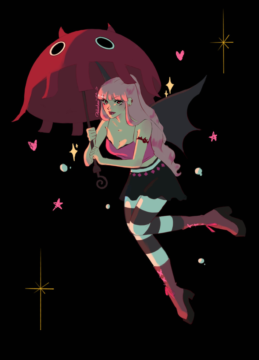 1girl, arm_tattoo, artist_name, bat_tattoo, black_background, black_skirt, black_wings, blueberriena