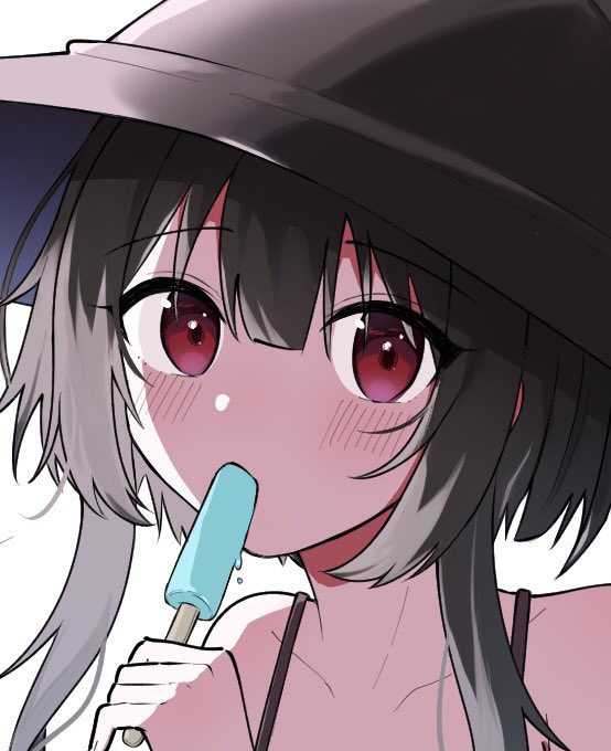 1girl, bare_shoulders, black_hat, blush, brown_camisole, brown_hair, camisole, close-up