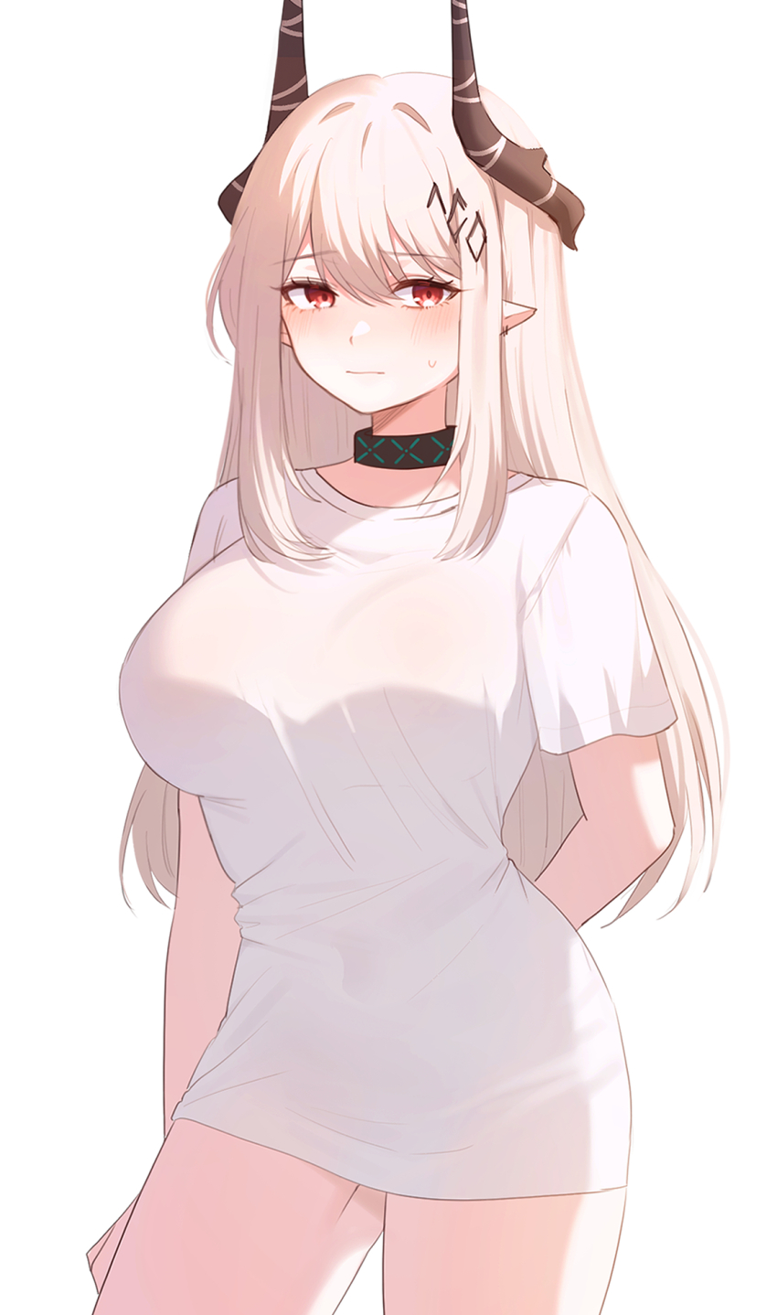 1girl, alternate_costume, arknights, arm_behind_back, black_horns, blush, closed_mouth, commentary, cowboy_shot, ear_piercing, eyes_visible_through_hair, hair_between_eyes, highres, horns, hyeroin, infection_monitor_(arknights), long_hair, looking_at_viewer, mudrock_(arknights), naked_shirt, piercing, pointy_ears, red_eyes, shirt, short_sleeves, sidelocks, simple_background, solo, standing, sweatdrop, t-shirt, white_background, white_hair, white_shirt