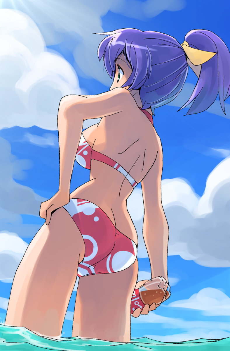 1girl, ass, bikini, blue_hair, bottle, breasts, butt_crack, cloud