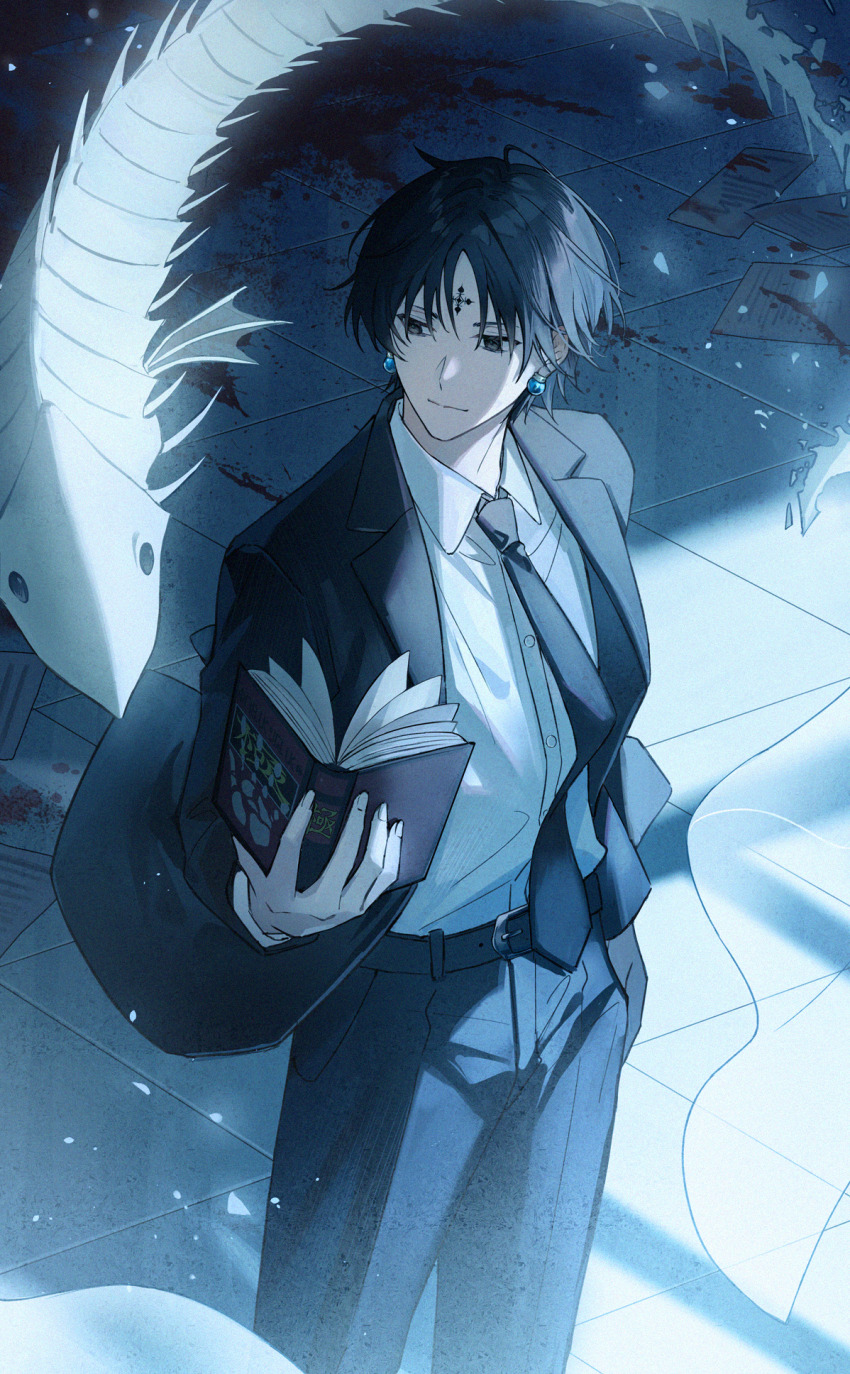 1boy, belt, black_eyes, black_hair, black_necktie, black_pants, black_suit, blood