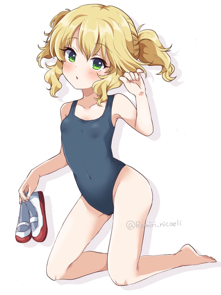 1girl, bare_arms, bare_legs, bare_shoulders, barefoot, blonde_hair, blush, breasts
