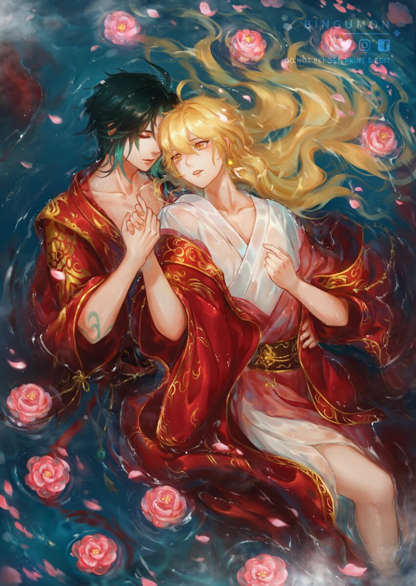 2boys, aether_(genshin_impact), ahoge, alternate_costume, alternate_hairstyle, aqua_hair, arm_tattoo, artist_name