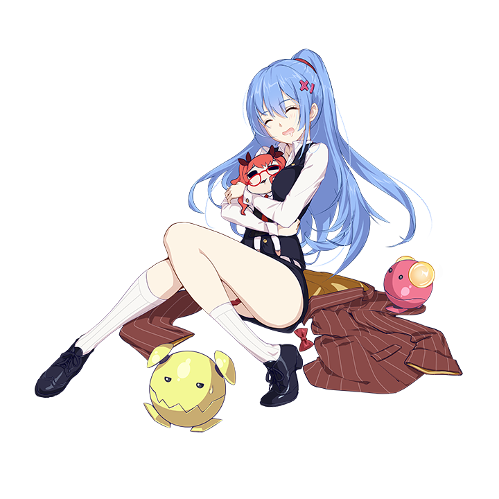 1girl, asymmetrical_legwear, black_shoes, black_vest, blue_hair, breasts, brown_jacket, closed_eyes