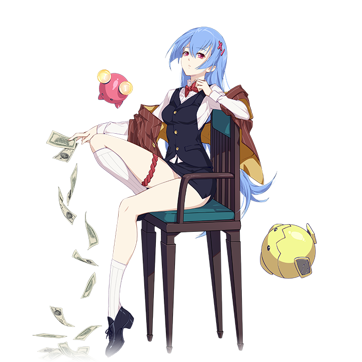 1girl, asymmetrical_legwear, black_shoes, black_vest, blue_hair, breasts, brown_jacket, chair
