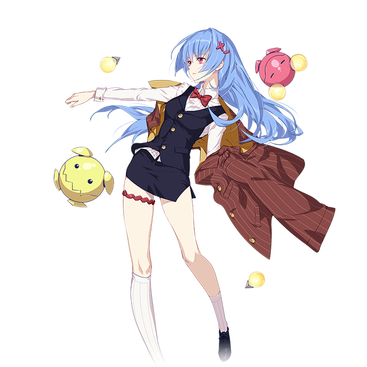 1girl, asymmetrical_legwear, black_shoes, black_vest, blue_hair, breasts, brown_jacket, full_body