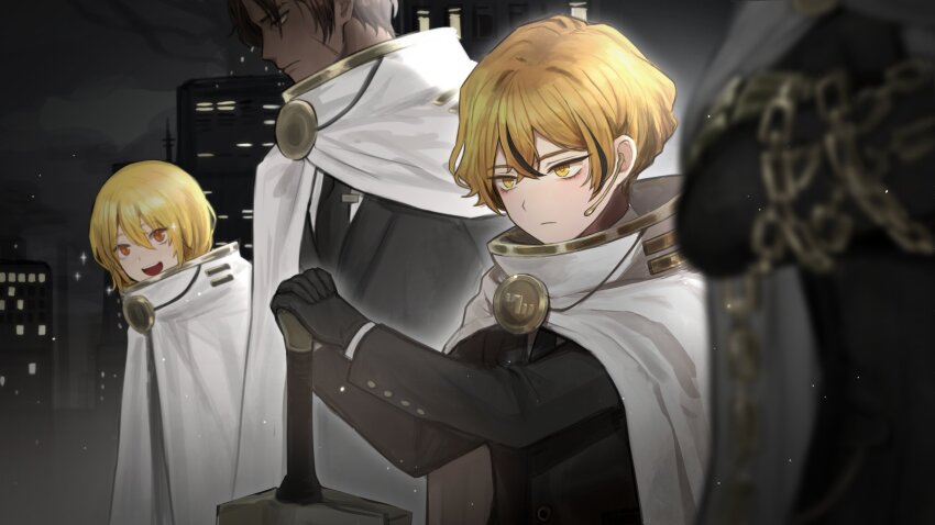 1girl, 1other, 2boys, 70miho, absurdres, ambiguous_gender, black_gloves, black_jacket, black_necktie, blonde_hair, brown_hair, building, chain, cloak, commentary, dark-skinned_female, dark_skin, don_quixote_(project_moon), earpiece, english_commentary, expressionless, gloves, hair_between_eyes, hands_up, heathcliff_(project_moon), highres, jacket, limbus_company, long_sleeves, multiple_boys, necktie, night, open_mouth, outdoors, planted, planted_sword, planted_weapon, project_moon, scar, scar_on_face, shirt, sinclair_(project_moon), sky, sword, teeth, upper_body, upper_teeth_only, weapon, white_cloak, white_shirt, yellow_eyes