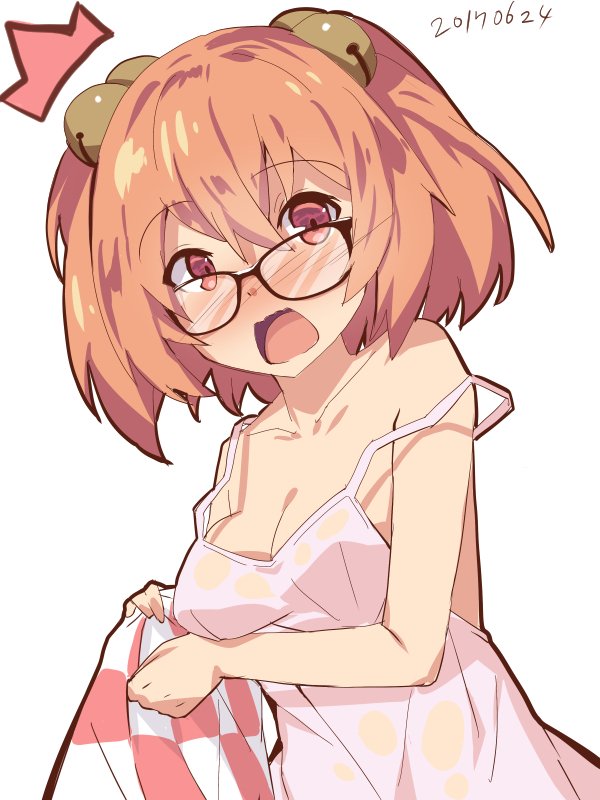1girl, bare_arms, bare_shoulders, bell, black-framed_eyewear, blush, breasts, camisole, checkered_clothes, checkered_kimono, cleavage, collarbone, commentary_request, dress, embarrassed, glasses, hair_bell, hair_ornament, holding_kimono, japanese_clothes, jingle_bell, kasa_jizou, kimono, looking_at_viewer, motoori_kosuzu, nose_blush, open_mouth, orange_eyes, orange_hair, red_kimono, sleeveless, sleeveless_dress, small_breasts, solo, spaghetti_strap, strap_slip, surprised, touhou, twintails, undressing, upper_body, white_camisole, white_kimono