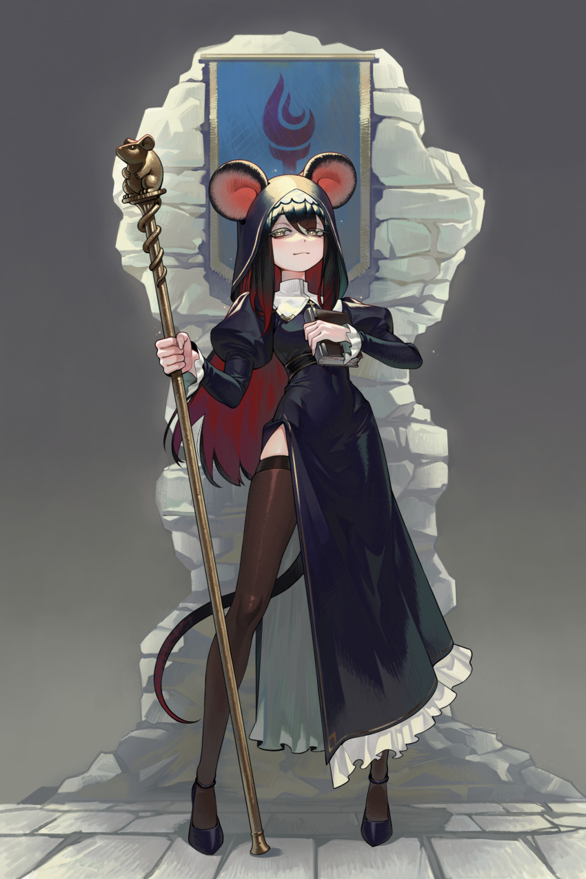 1girl, absurdres, animal_ears, black_hair, book, colored_inner_hair, commentary, cross